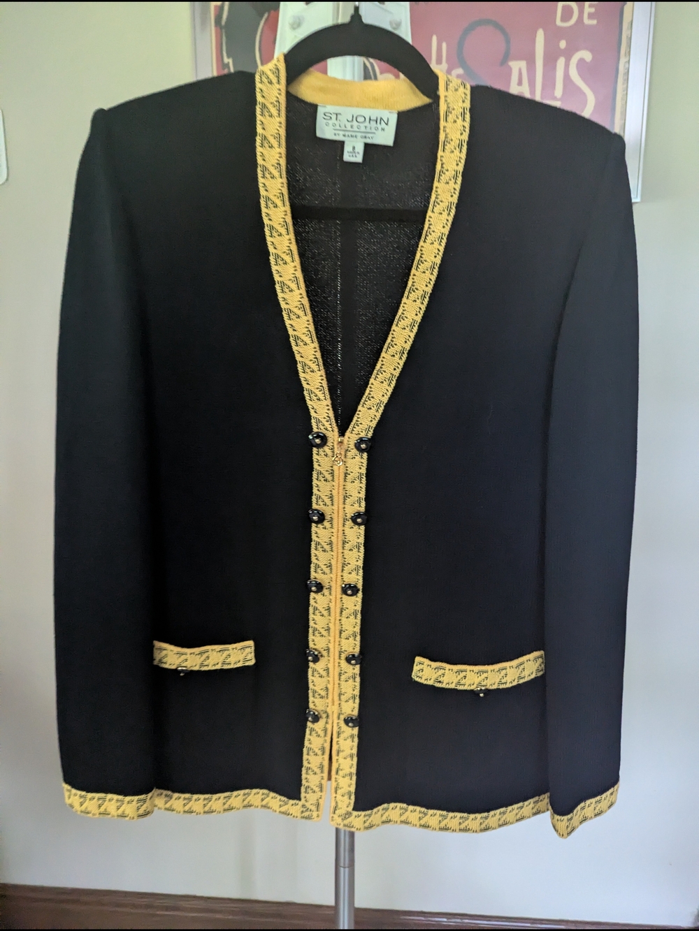 St. John Black Cardigan Jacket with Yellow Trim Braided Detail Vintage $160